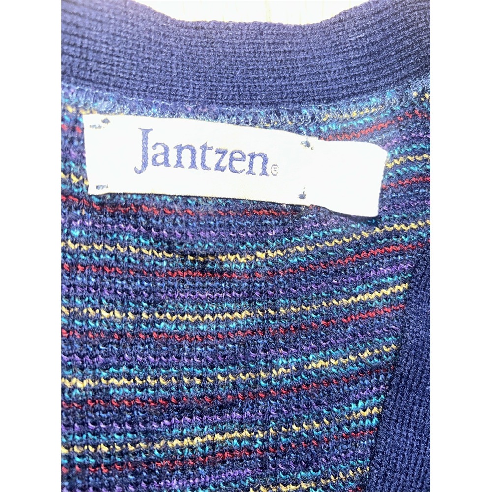 Vintage 90s Med-Large Navy Jantzen Men's Cardigan Rainbow Sweater Preppy Grandpa - Picture 4 of 6